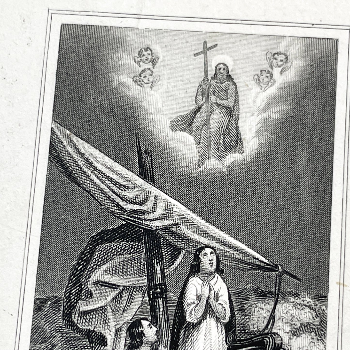Late 19th - Vintage Religious Print - Divine Intervention During a Storm - Jesus and Angels Appearing to Seafarers - French Text
