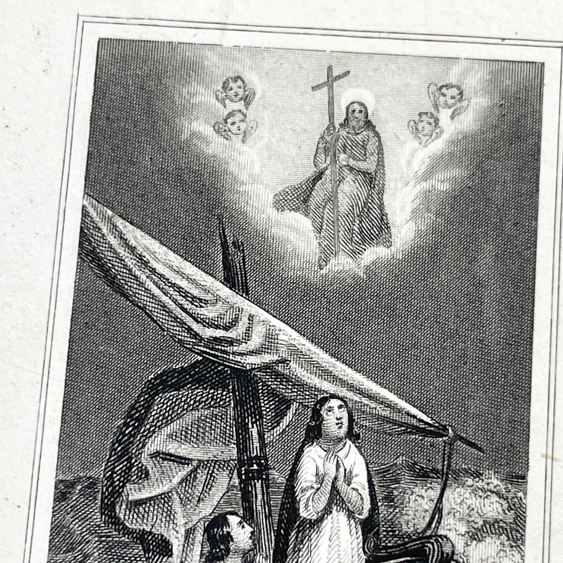 Late 19th - Vintage Religious Print - Divine Intervention During a Storm - Jesus and Angels Appearing to Seafarers - French Text