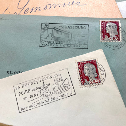 Lot of 20 vintage French envelopes from the 1960s, showcasing diverse stamps and postmarks from various French cities.