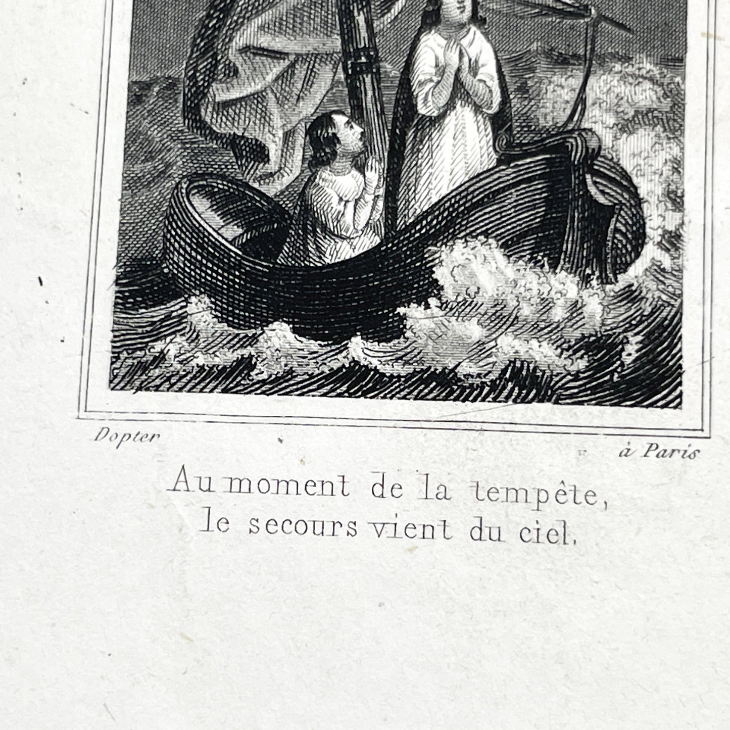 Late 19th - Vintage Religious Print - Divine Intervention During a Storm - Jesus and Angels Appearing to Seafarers - French Text
