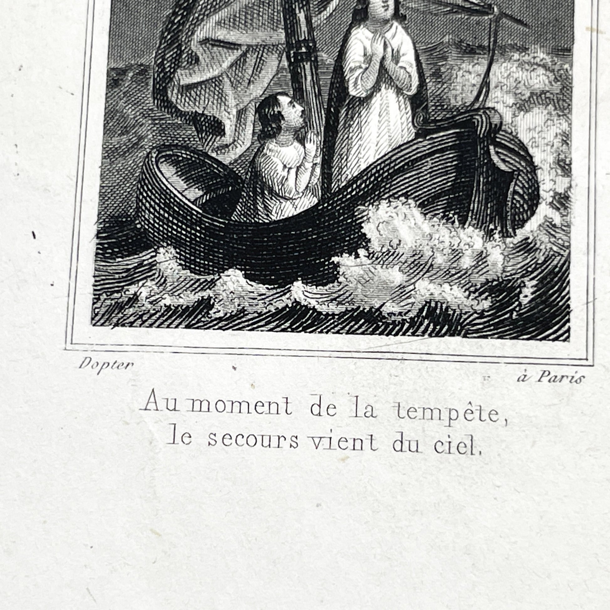 Late 19th - Vintage Religious Print - Divine Intervention During a Storm - Jesus and Angels Appearing to Seafarers - French Text