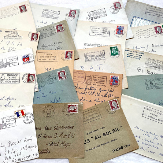 Lot of 20 1960s French envelopes with various stamps and postmarks from different cities, showing vintage correspondence.