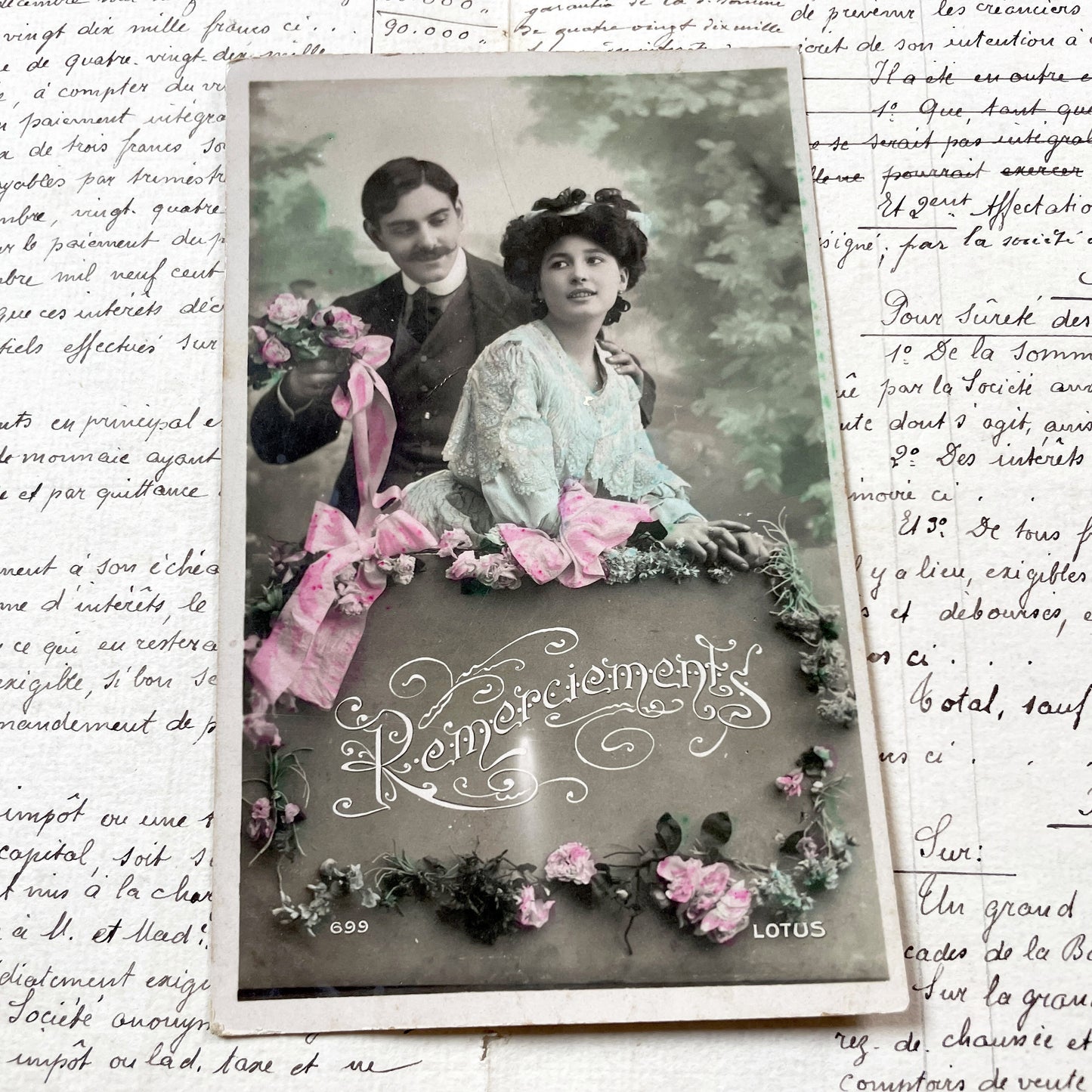 1900s - Vintage French Remerciements Postcard - Hand Tinted Sepia Photo - Edwardian Couple - Floral Design - Antique Collectible Art