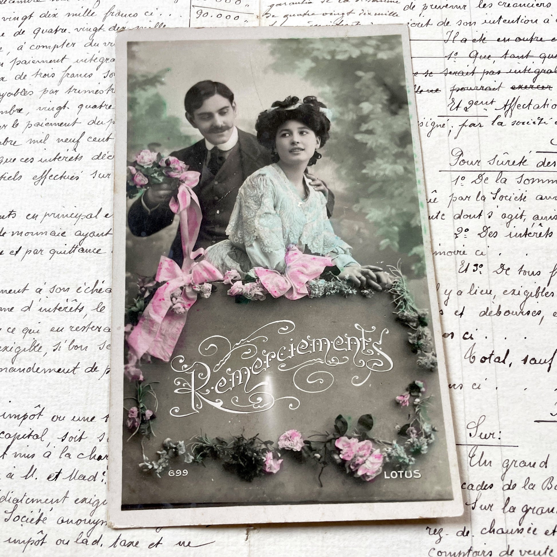 1900s - Vintage French Remerciements Postcard - Hand Tinted Sepia Photo - Edwardian Couple - Floral Design - Antique Collectible Art