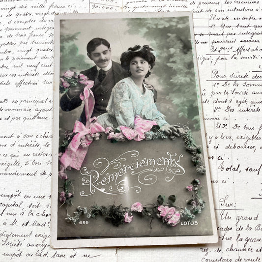 1900s - Vintage French Remerciements Postcard - Hand Tinted Sepia Photo - Edwardian Couple - Floral Design - Antique Collectible Art