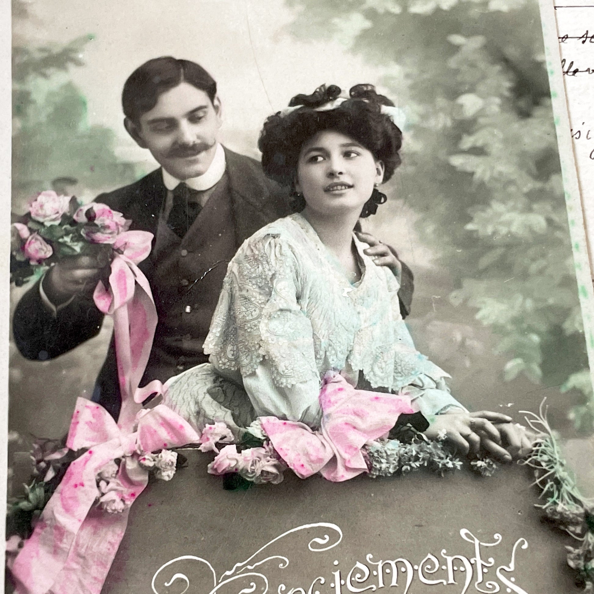 1900s - Vintage French Remerciements Postcard - Hand Tinted Sepia Photo - Edwardian Couple - Floral Design - Antique Collectible Art