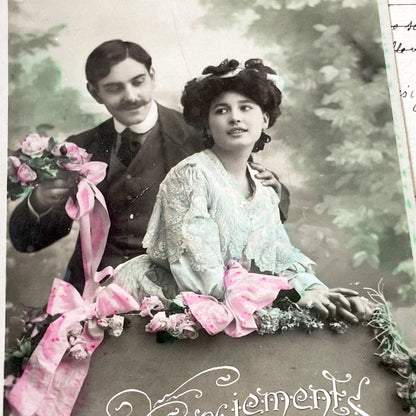 1900s - Vintage French Remerciements Postcard - Hand Tinted Sepia Photo - Edwardian Couple - Floral Design - Antique Collectible Art