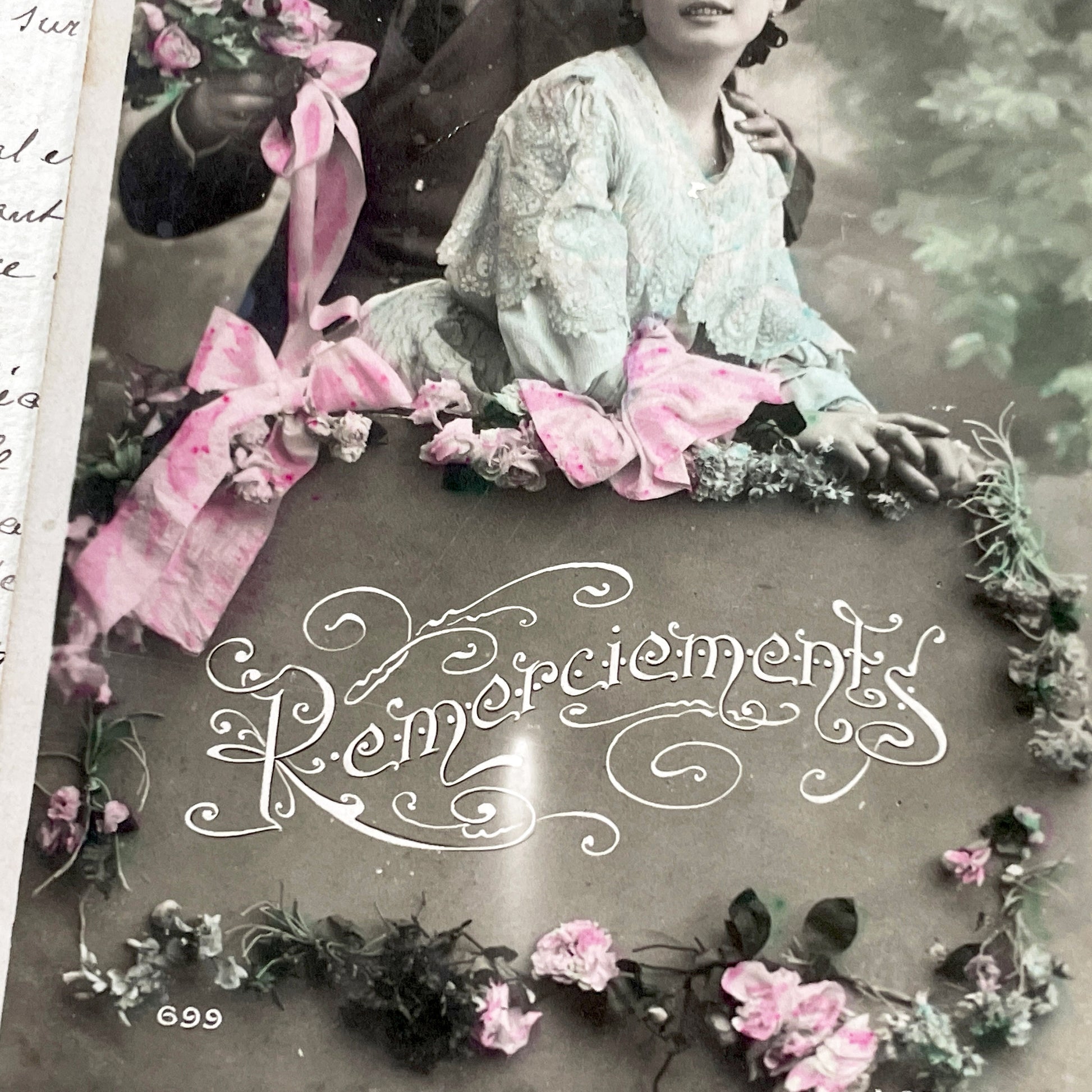 1900s - Vintage French Remerciements Postcard - Hand Tinted Sepia Photo - Edwardian Couple - Floral Design - Antique Collectible Art