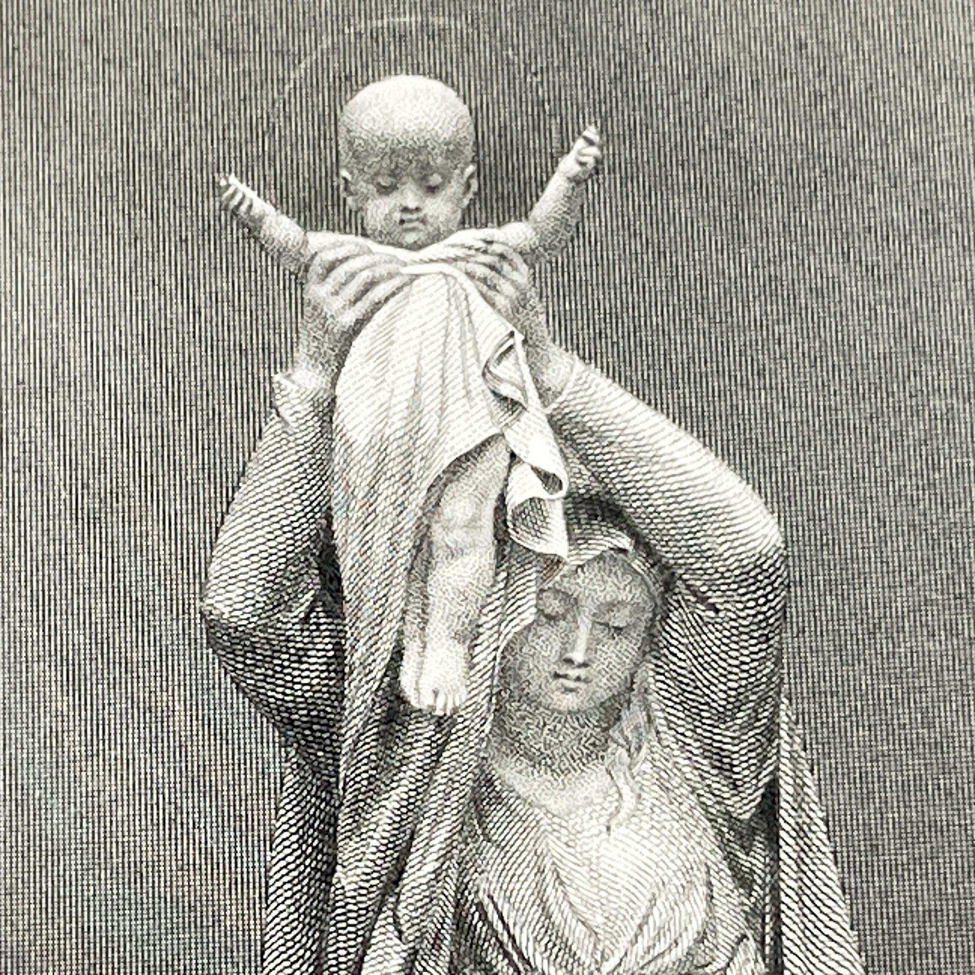 1900s - Antique French Religious Holy Card - Engraving of Virgin Mary and Infant Jesus - Devotional Art - Christian Collectible