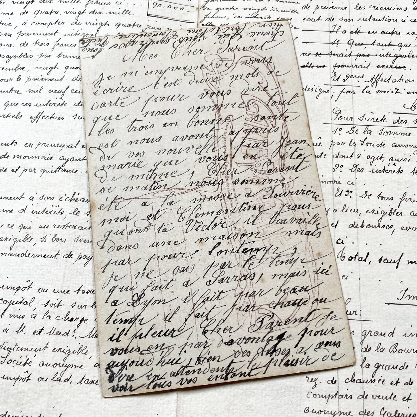 1900s - Vintage French Remerciements Postcard - Hand Tinted Sepia Photo - Edwardian Couple - Floral Design - Antique Collectible Art