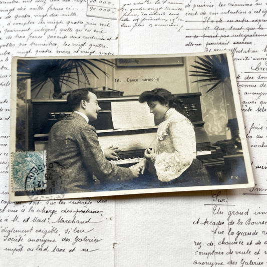 1900s - Vintage French Paris Postcard - Romantic Couple at Piano - Music Lovers - Early 20th Century Photo - Historical Ephemera