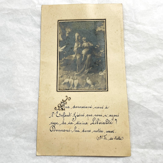 1900s - Vintage Devotional Card - Madonna and Child with Doves - Religious Image with Calligraphy Quote from St. Francis de Sales