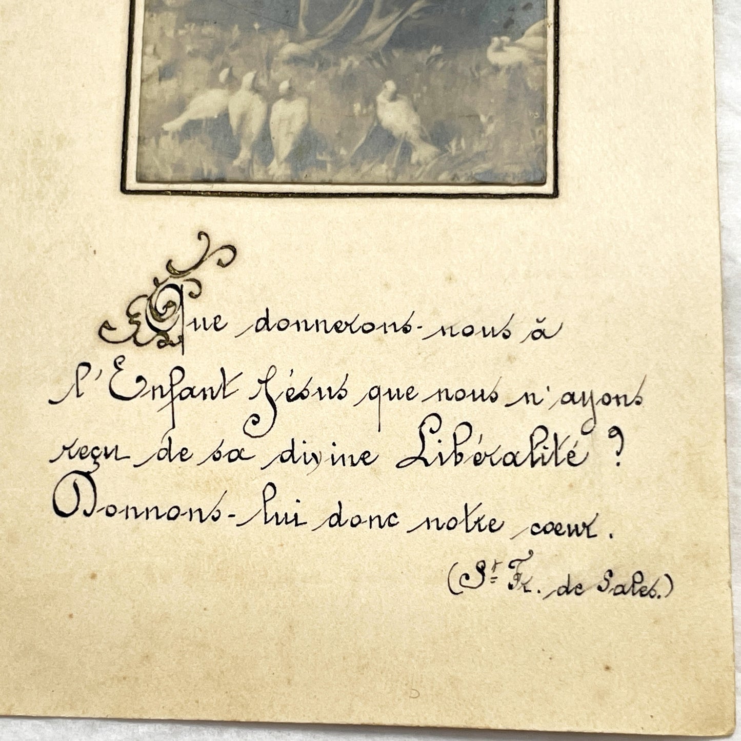 1900s - Vintage Devotional Card - Madonna and Child with Doves - Religious Image with Calligraphy Quote from St. Francis de Sales