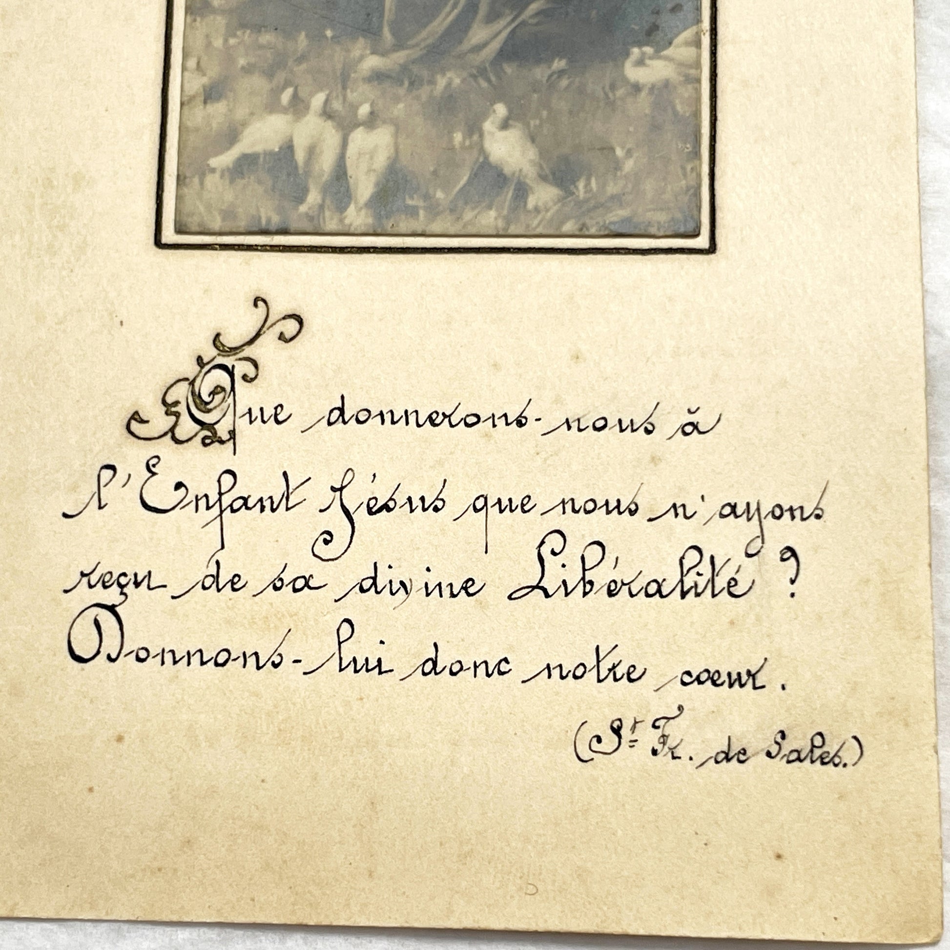 1900s - Vintage Devotional Card - Madonna and Child with Doves - Religious Image with Calligraphy Quote from St. Francis de Sales