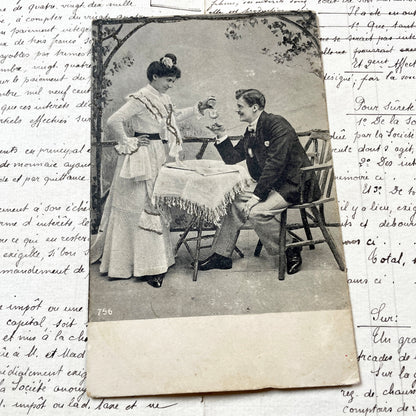 1900s - Edwardian Romantic Couple Postcard - Vintage Sepia Photo - Glitter Embellished - Elegant Belle Epoque Art - French Ephemera Card