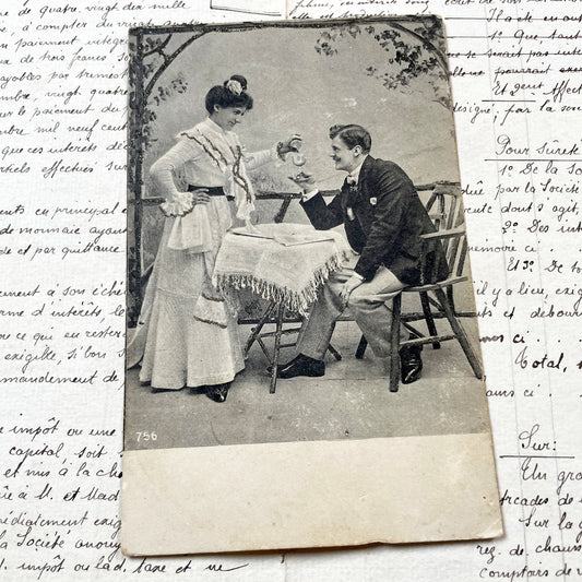 1900s - Edwardian Romantic Couple Postcard - Vintage Sepia Photo - Glitter Embellished - Elegant Belle Epoque Art - French Ephemera Card