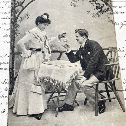 1900s - Edwardian Romantic Couple Postcard - Vintage Sepia Photo - Glitter Embellished - Elegant Belle Epoque Art - French Ephemera Card