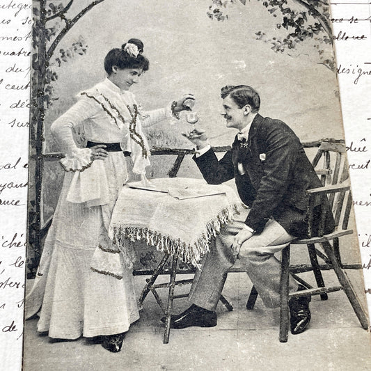 1900s - Edwardian Romantic Couple Postcard - Vintage Sepia Photo - Glitter Embellished - Elegant Belle Epoque Art - French Ephemera Card
