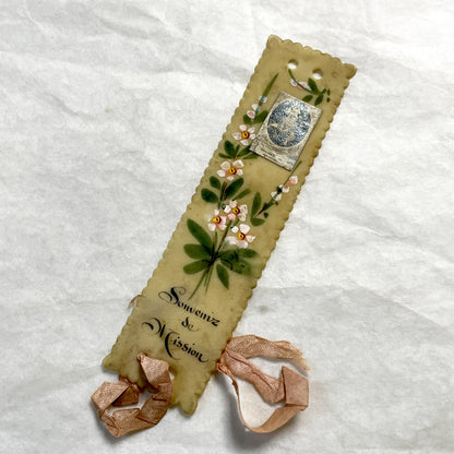 1900s - Antique Celluloid Bookmark - Souvenir de Mission - Hand Painted Floral Art - Sacred Heart of Mary - Vintage Religious Keepsake