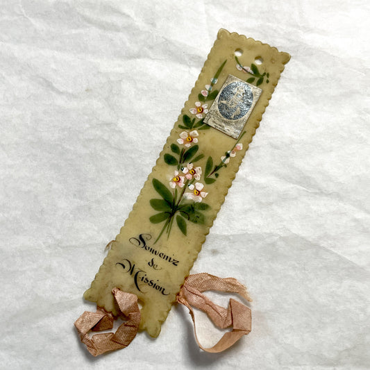1900s - Antique Celluloid Bookmark - Souvenir de Mission - Hand Painted Floral Art - Sacred Heart of Mary - Vintage Religious Keepsake