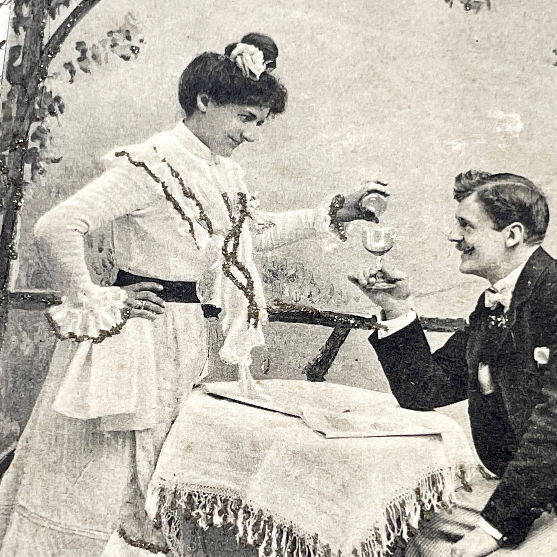 1900s - Edwardian Romantic Couple Postcard - Vintage Sepia Photo - Glitter Embellished - Elegant Belle Epoque Art - French Ephemera Card