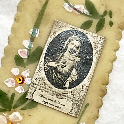 1900s - Antique Celluloid Bookmark - Souvenir de Mission - Hand Painted Floral Art - Sacred Heart of Mary - Vintage Religious Keepsake