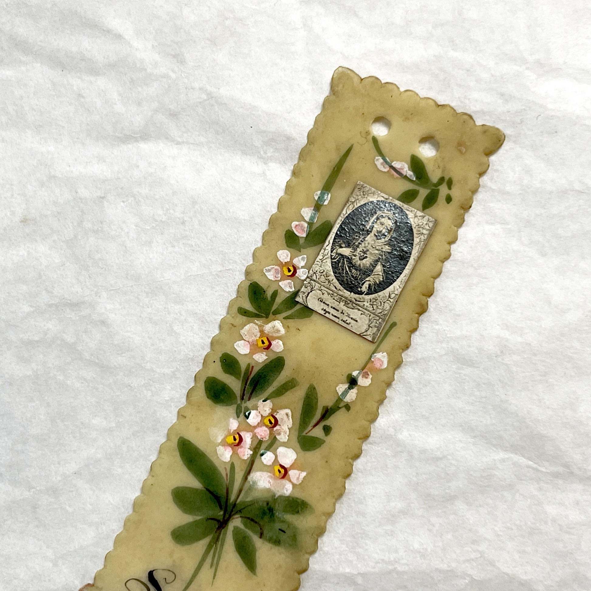 1900s - Antique Celluloid Bookmark - Souvenir de Mission - Hand Painted Floral Art - Sacred Heart of Mary - Vintage Religious Keepsake
