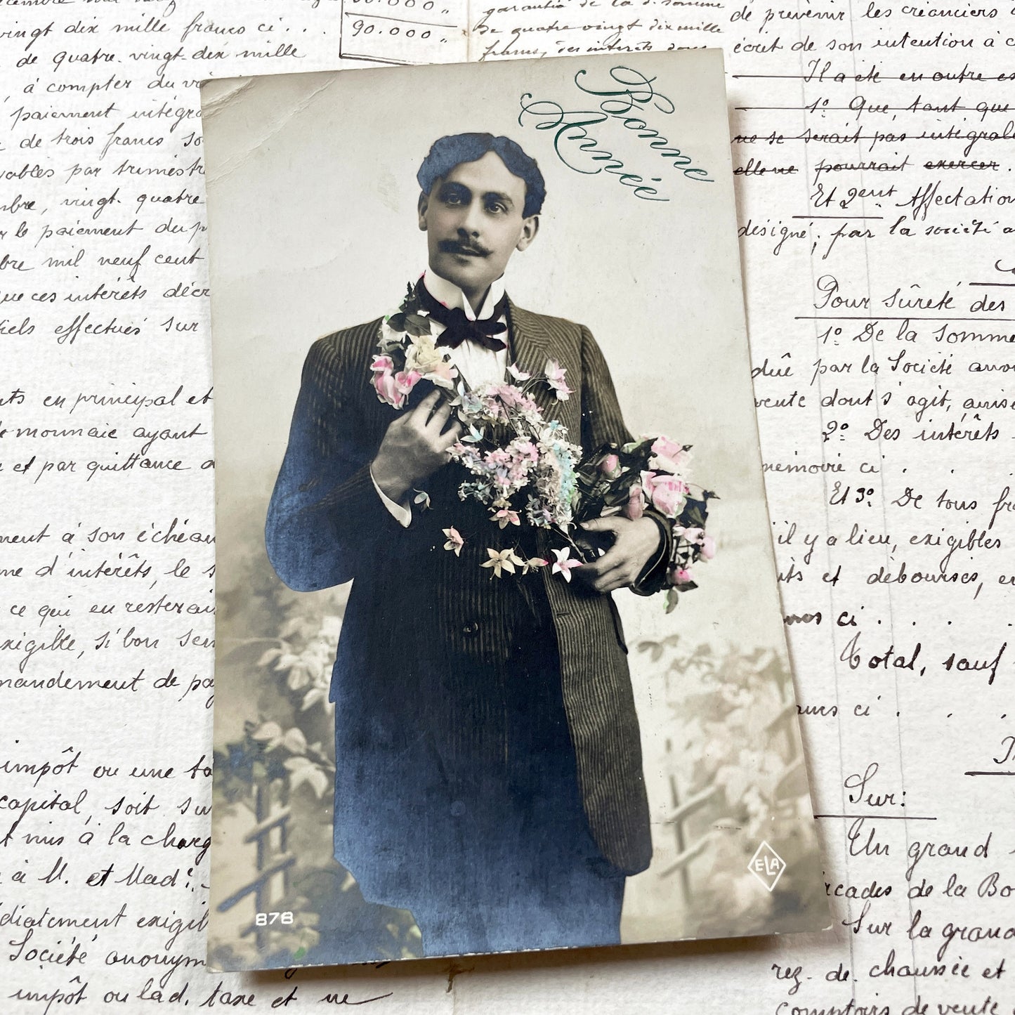 1900s - Vintage French Postcard - Elegant Man Portrait - Hand Tinted Flowers - New Year Greeting - Antique Ephemera Collectible