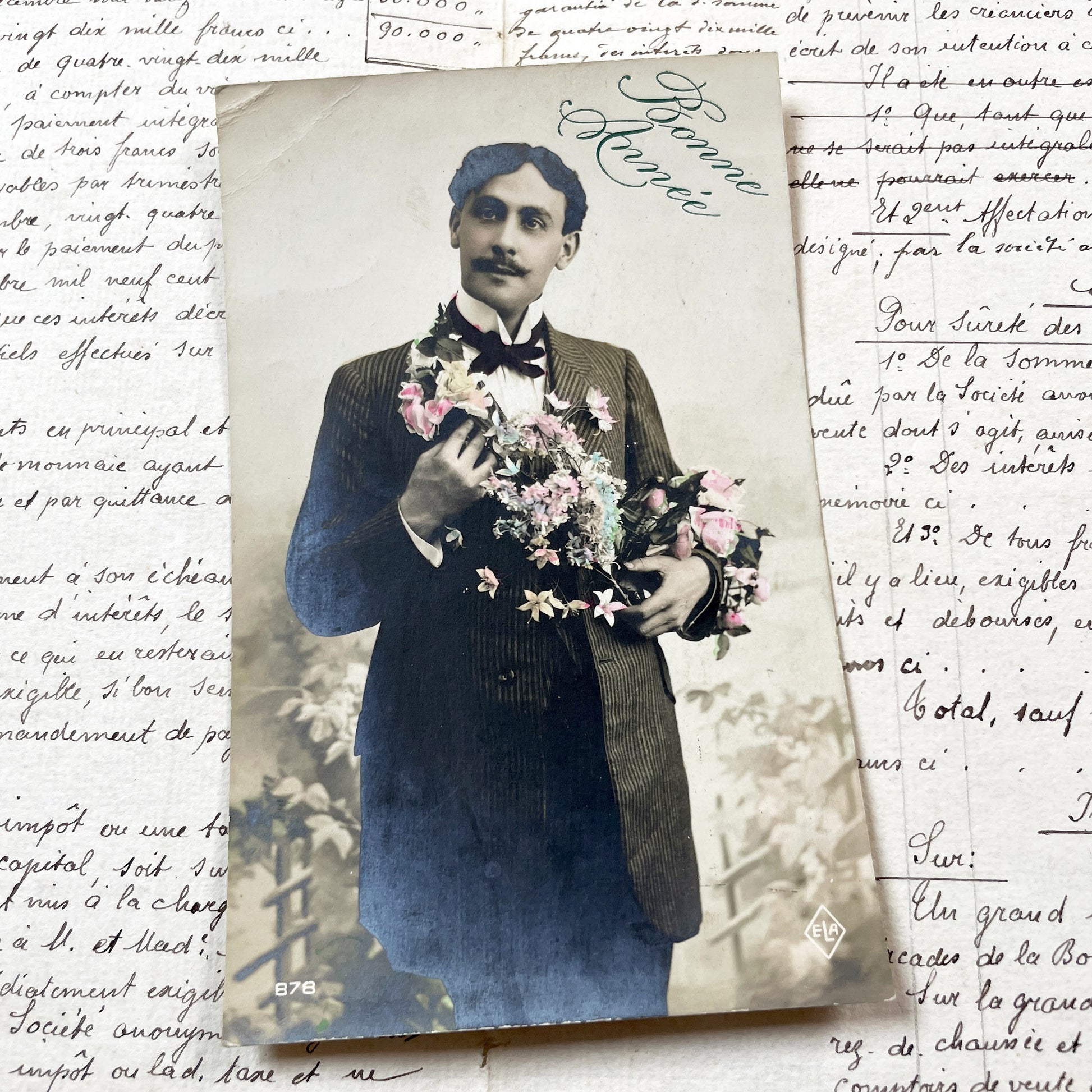 1900s - Vintage French Postcard - Elegant Man Portrait - Hand Tinted Flowers - New Year Greeting - Antique Ephemera Collectible