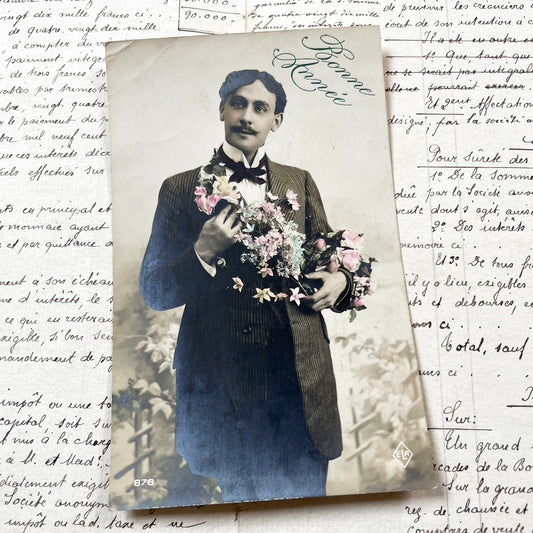 1900s - Vintage French Postcard - Elegant Man Portrait - Hand Tinted Flowers - New Year Greeting - Antique Ephemera Collectible