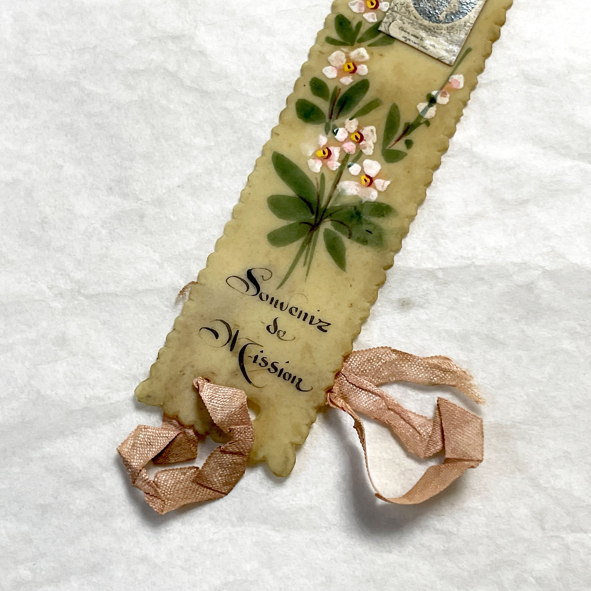 1900s - Antique Celluloid Bookmark - Souvenir de Mission - Hand Painted Floral Art - Sacred Heart of Mary - Vintage Religious Keepsake