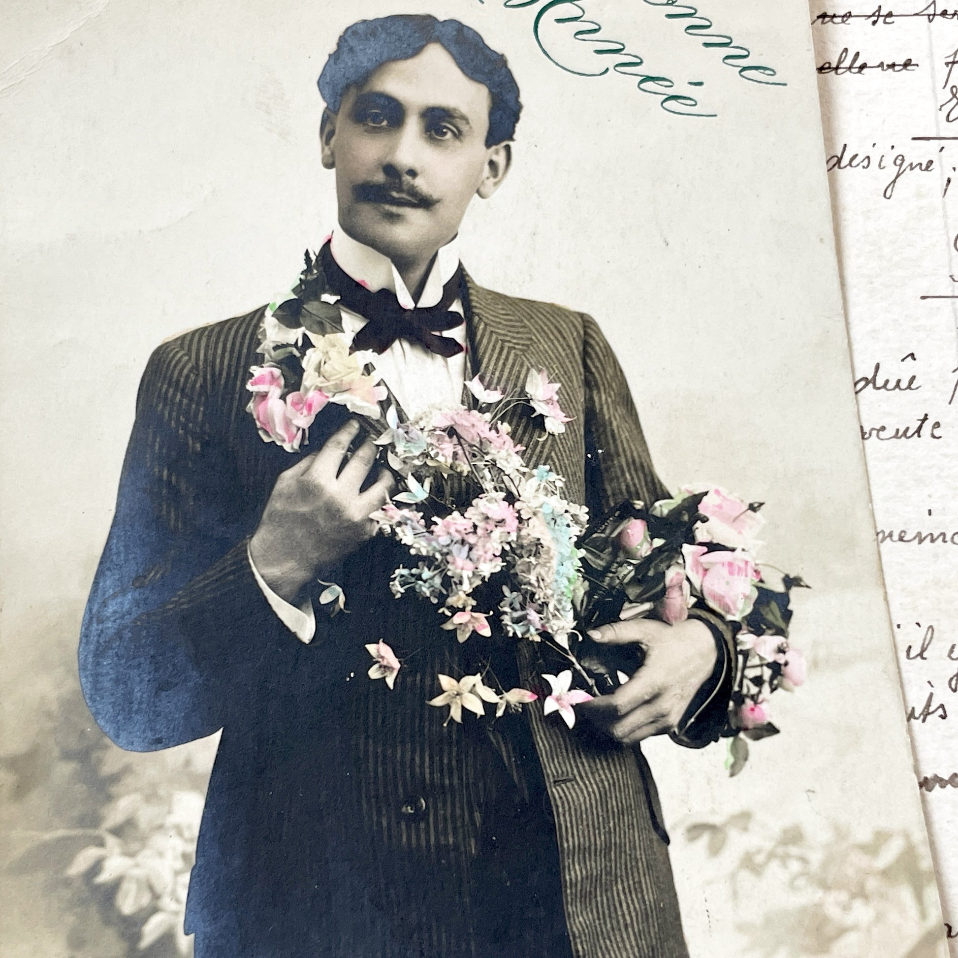 1900s - Vintage French Postcard - Elegant Man Portrait - Hand Tinted Flowers - New Year Greeting - Antique Ephemera Collectible