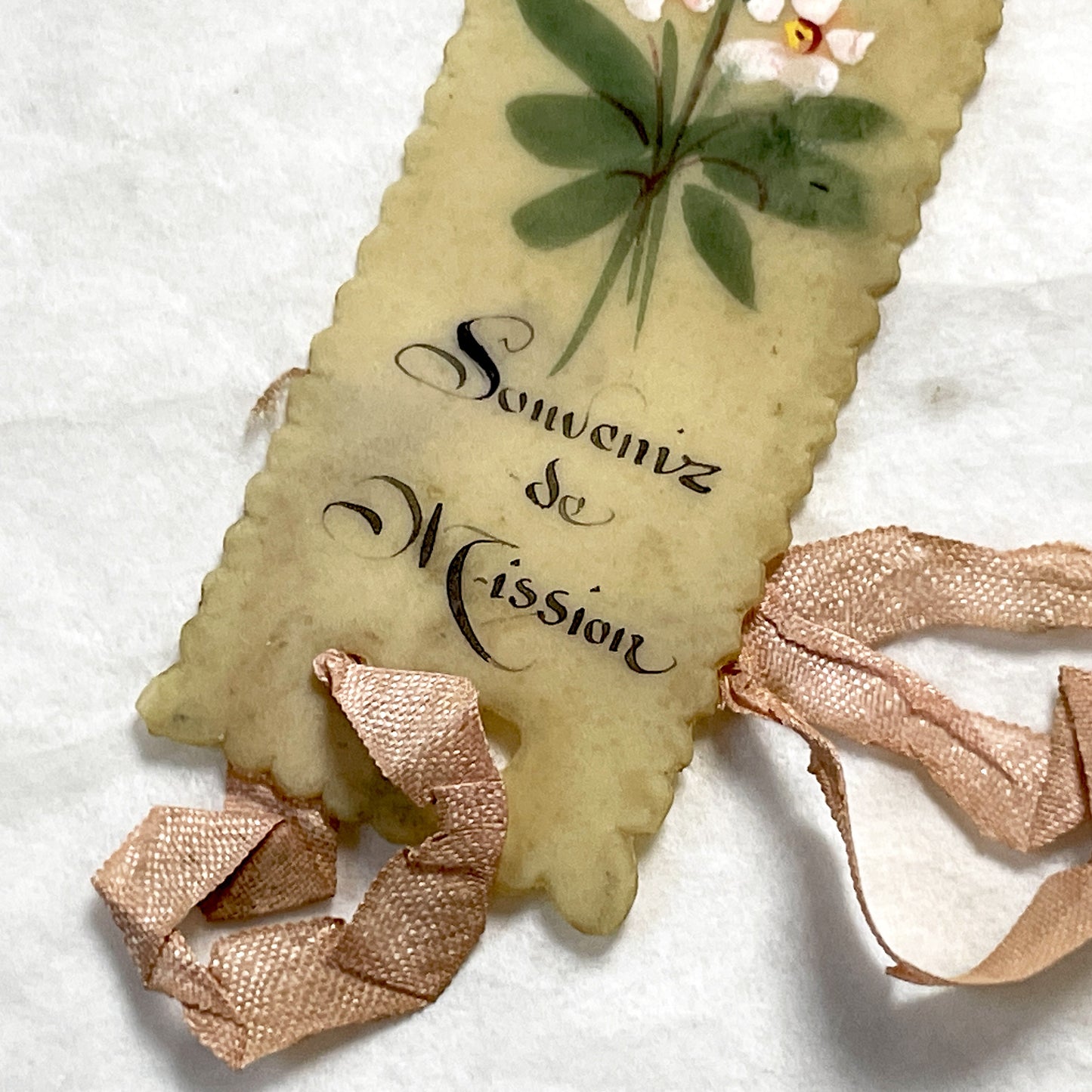 1900s - Antique Celluloid Bookmark - Souvenir de Mission - Hand Painted Floral Art - Sacred Heart of Mary - Vintage Religious Keepsake