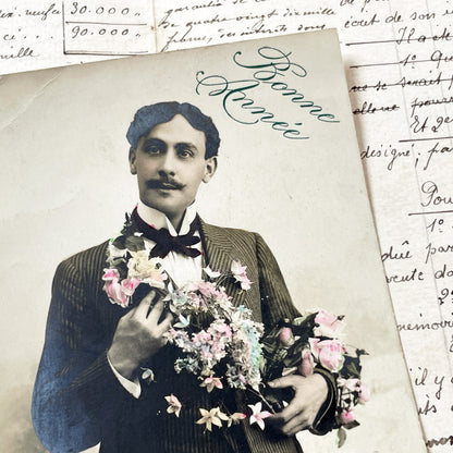 1900s - Vintage French Postcard - Elegant Man Portrait - Hand Tinted Flowers - New Year Greeting - Antique Ephemera Collectible