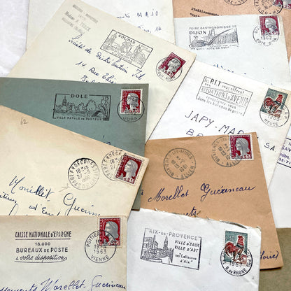 Lot of 20 French envelopes from the 1960s, featuring various postmarks and vintage stamps with Marianne and Rooster designs.