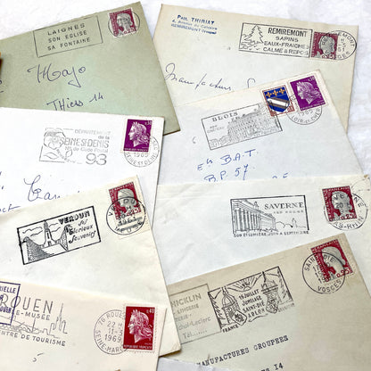 Lot of 20 French envelopes from the 1960s, featuring various postmarks and vintage stamps with Marianne and Rooster designs.