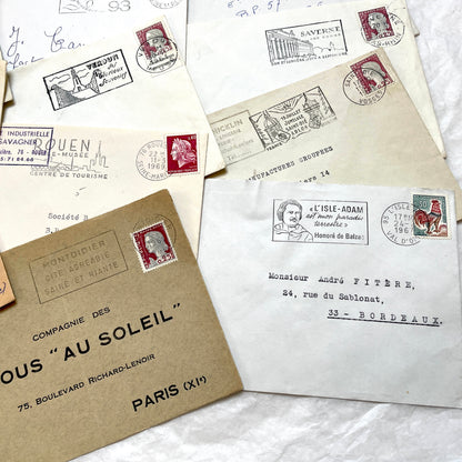 Lot of 20 French envelopes from the 1960s, featuring various postmarks and vintage stamps with Marianne and Rooster designs.