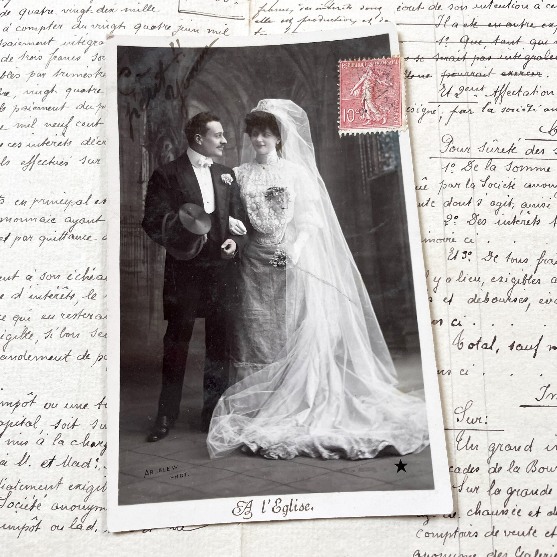 1900s - Antique French Wedding Photographic Postcard - Early 20th Century Nuptial Portrait - Arjalew Photo - Vintage Romance Document