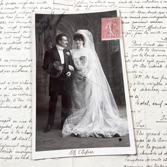 1900s - Antique French Wedding Photographic Postcard - Early 20th Century Nuptial Portrait - Arjalew Photo - Vintage Romance Document