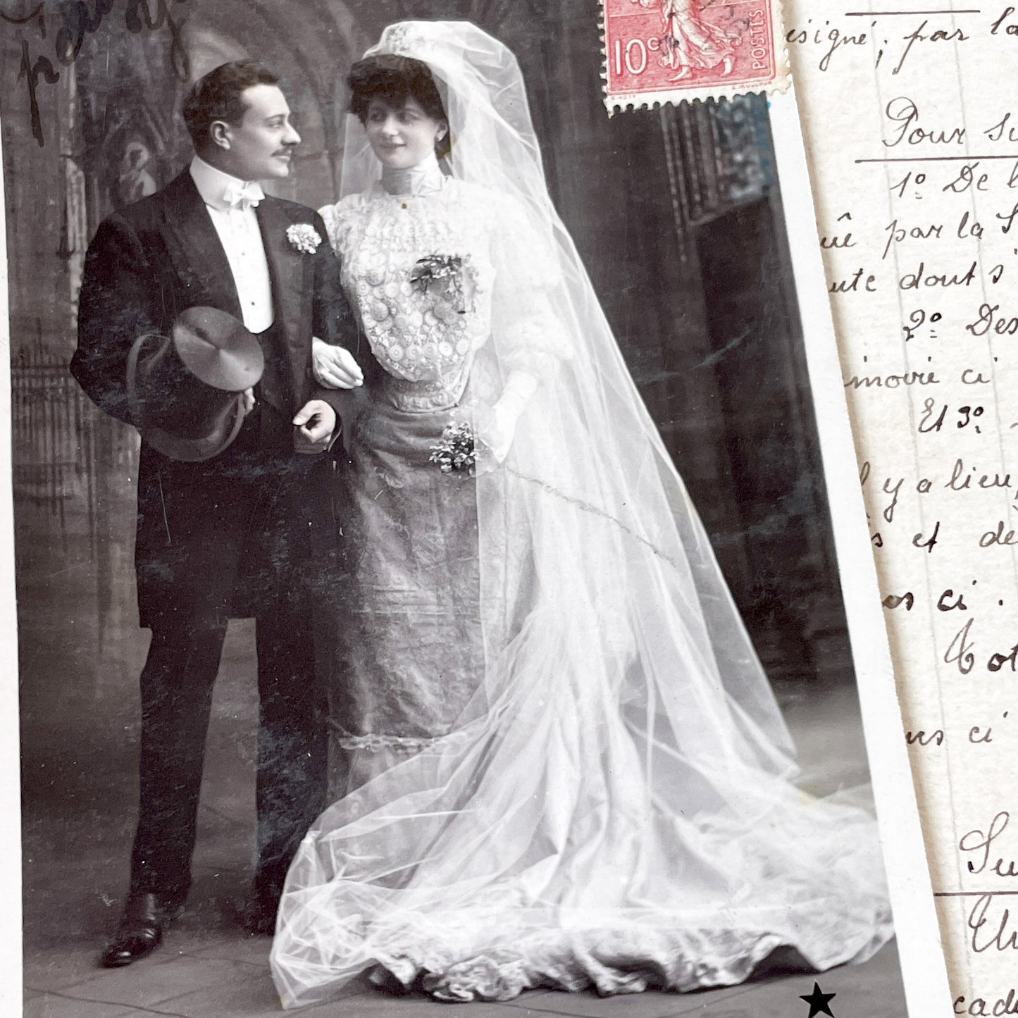 1900s - Antique French Wedding Photographic Postcard - Early 20th Century Nuptial Portrait - Arjalew Photo - Vintage Romance Document