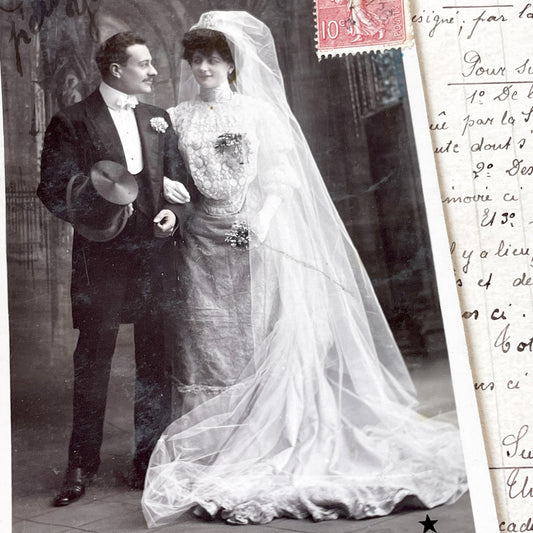 1900s - Antique French Wedding Photographic Postcard - Early 20th Century Nuptial Portrait - Arjalew Photo - Vintage Romance Document