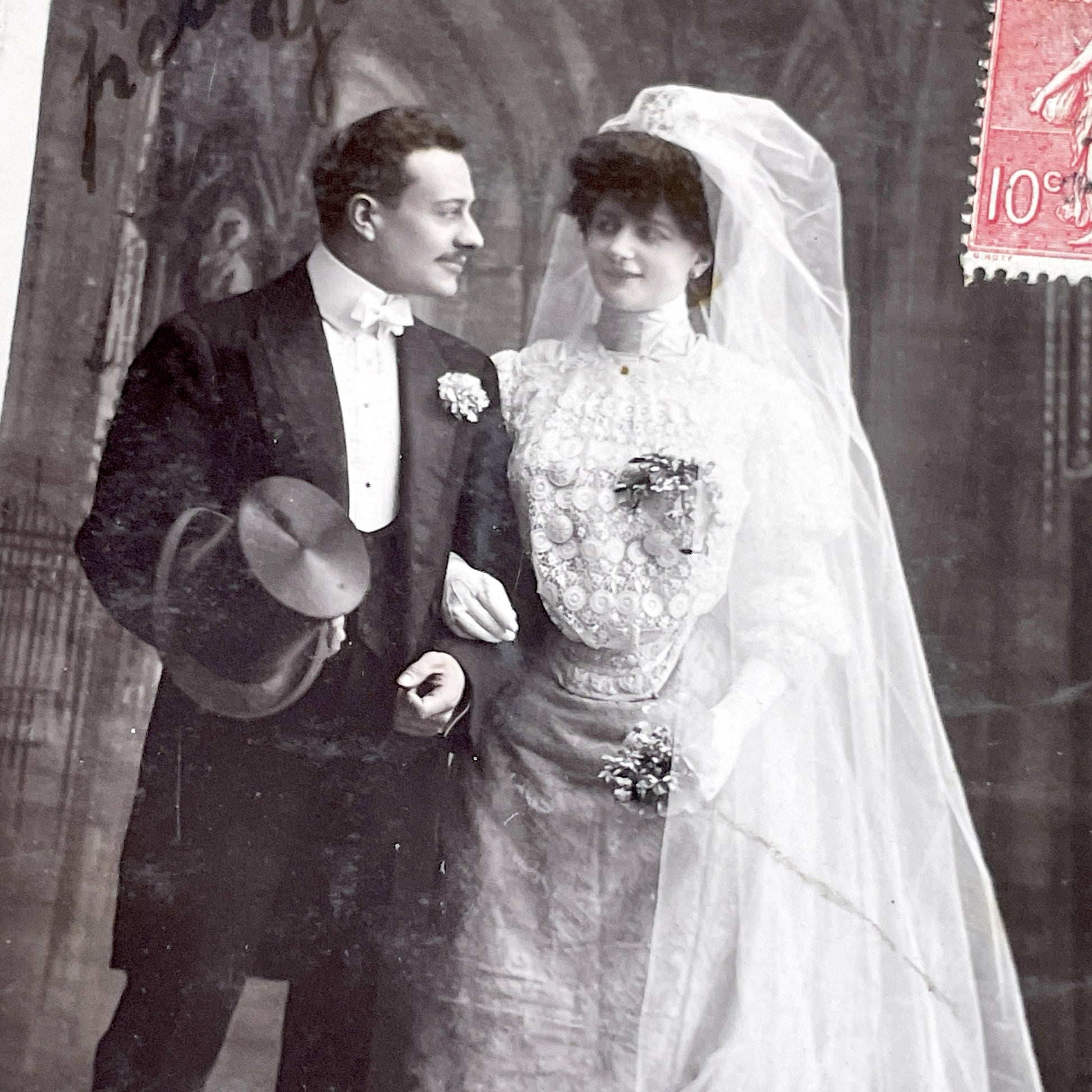 1900s - Antique French Wedding Photographic Postcard - Early 20th Century Nuptial Portrait - Arjalew Photo - Vintage Romance Document