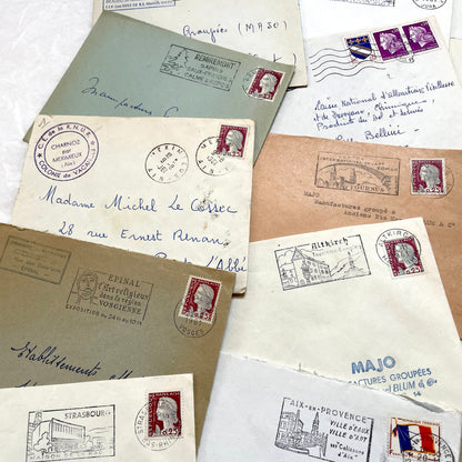 Lot of 20 1960s French envelopes with original stamps and diverse postmarks, showing various city letterheads.