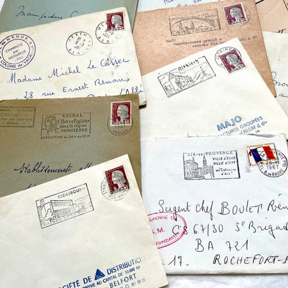 Lot of 20 1960s French envelopes with original stamps and diverse postmarks, showing various city letterheads.