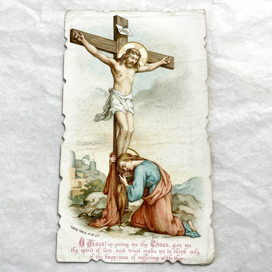 Late 19th - Antique Religious Holy Card in English - Jesus On Cross With Mary Magdalene - Prayer For Indulgence - Turgis Paris Chromo