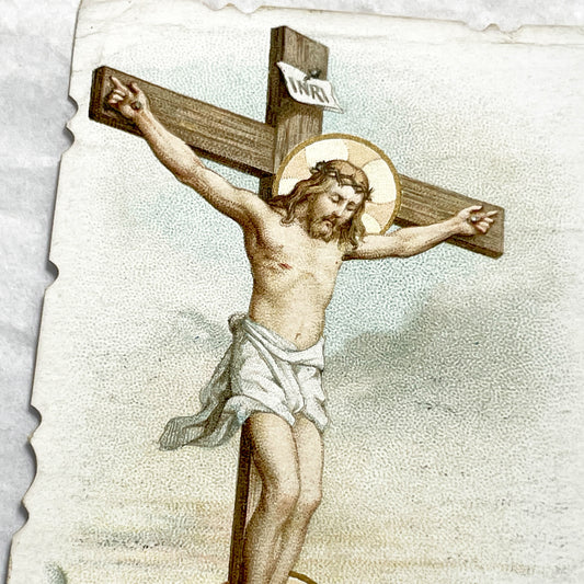 Late 19th - Antique Religious Holy Card in English - Jesus On Cross With Mary Magdalene - Prayer For Indulgence - Turgis Paris Chromo