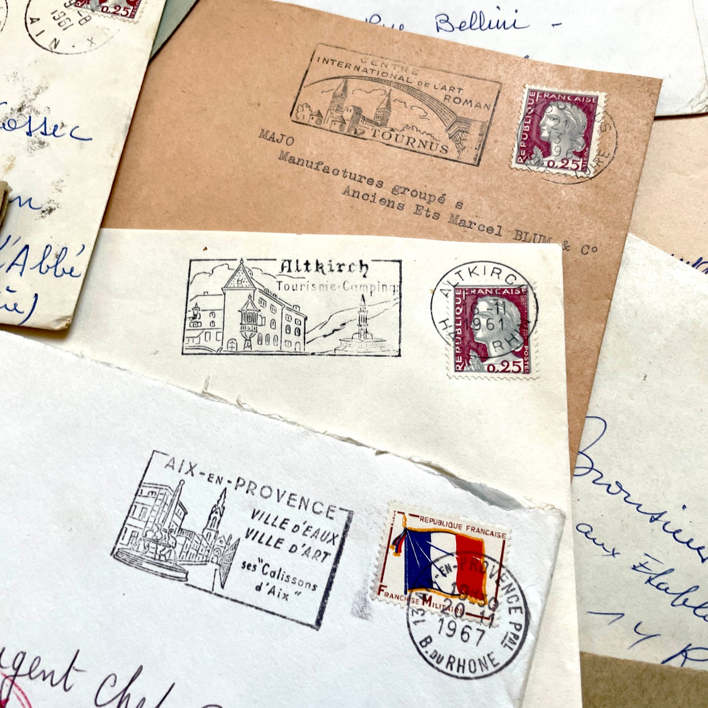 Lot of 20 1960s French envelopes with original stamps and diverse postmarks, showing various city letterheads.
