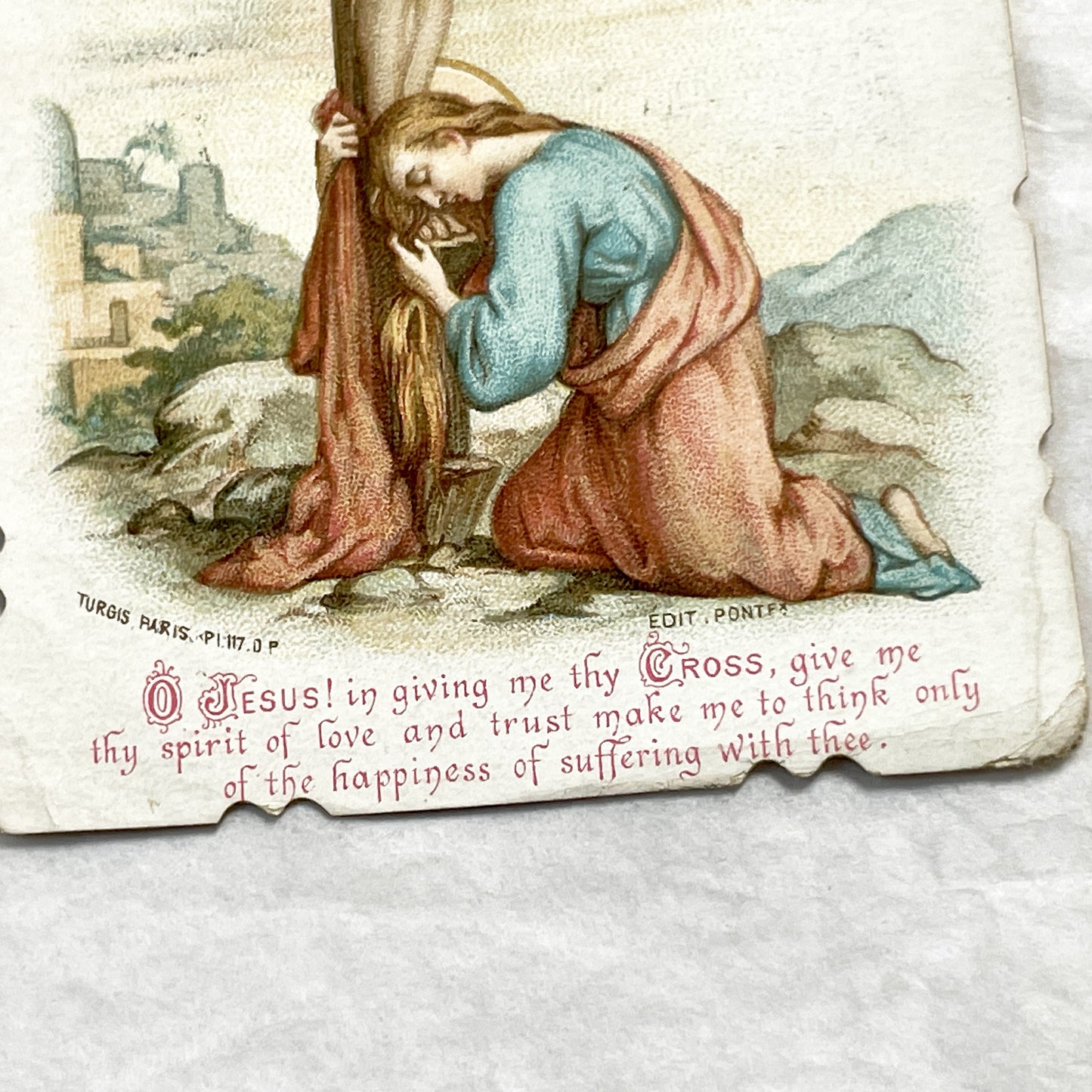 Late 19th - Antique Religious Holy Card in English - Jesus On Cross With Mary Magdalene - Prayer For Indulgence - Turgis Paris Chromo
