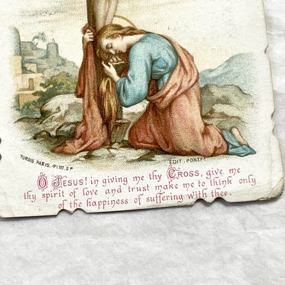 Late 19th - Antique Religious Holy Card in English - Jesus On Cross With Mary Magdalene - Prayer For Indulgence - Turgis Paris Chromo
