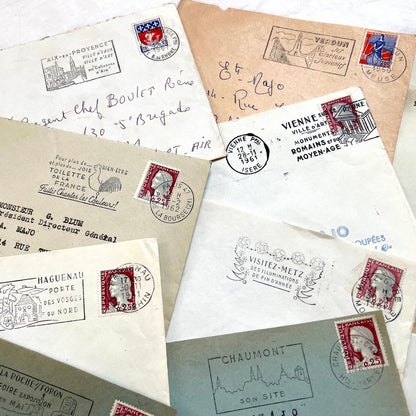A batch of 20 vintage 1960s French envelopes featuring assorted postmarks, handwritten addresses, and Republic Française stam
